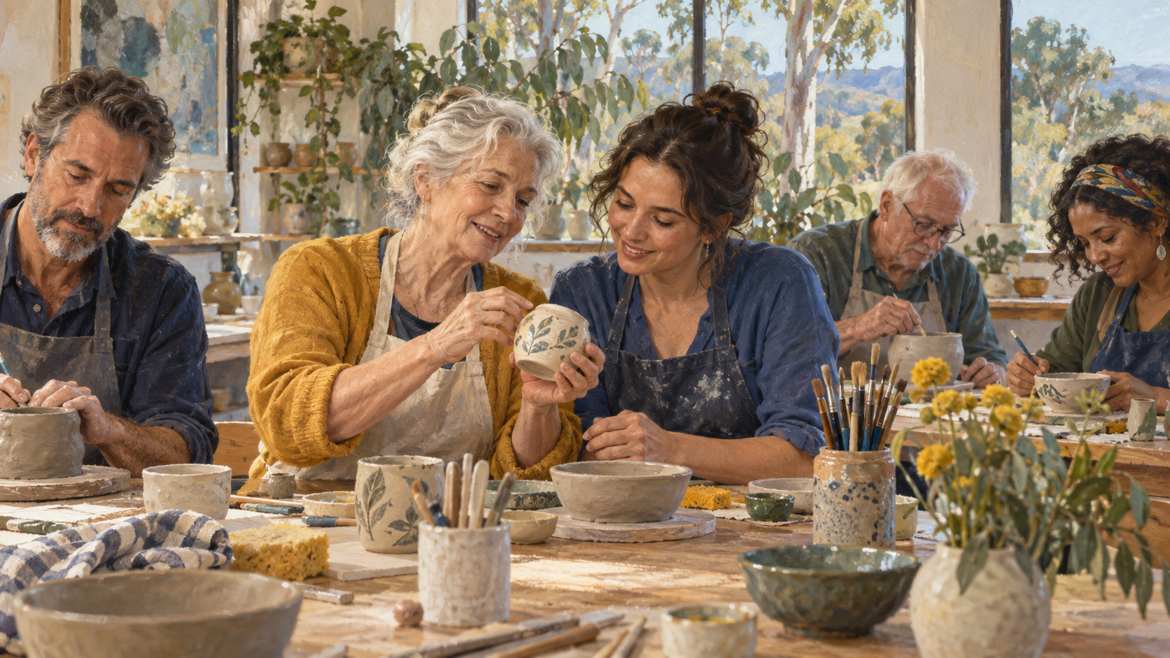 Painted illustration of adults learning pottery together around a bright workshop table