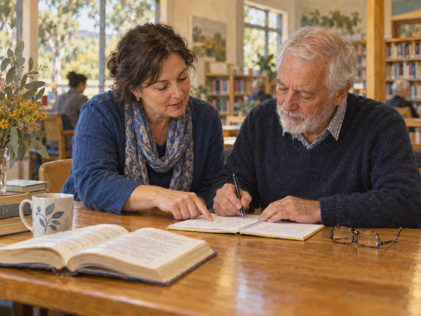 Painted illustration of two adults learning together with notebooks at a library table