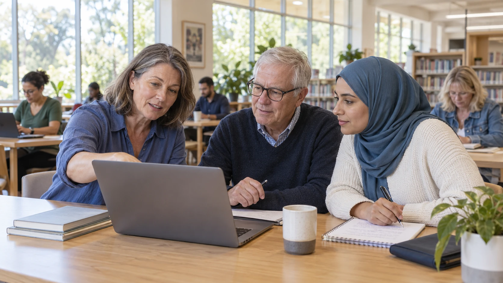 A tutor helping two adults work with a laptop and notebooks in a library