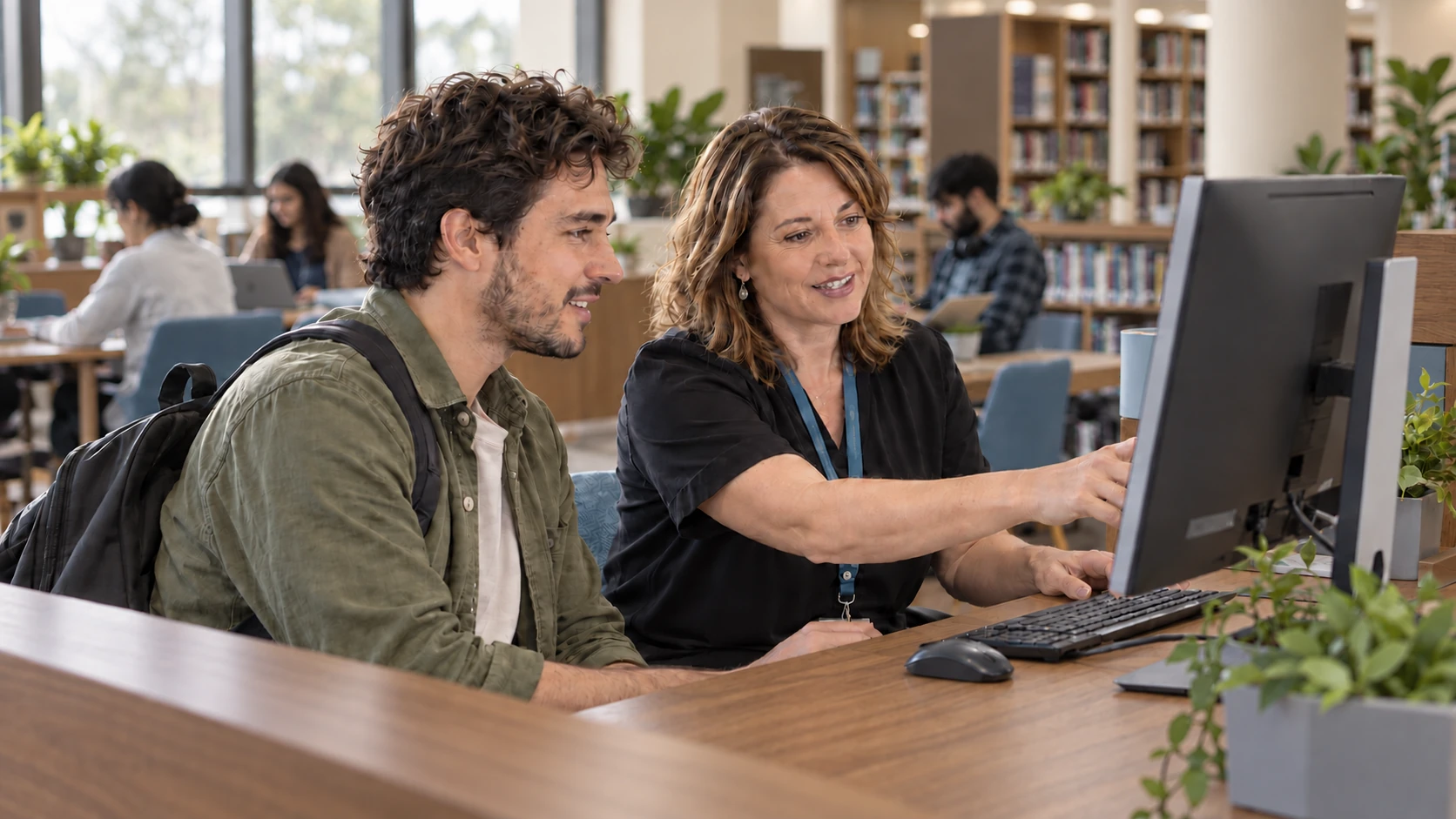 Two adults reviewing course information together at a desktop computer