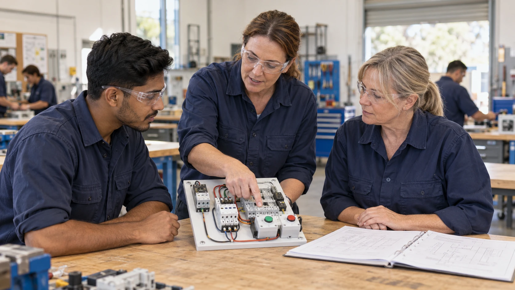 A trainer and two adults examining a training panel at a workshop table