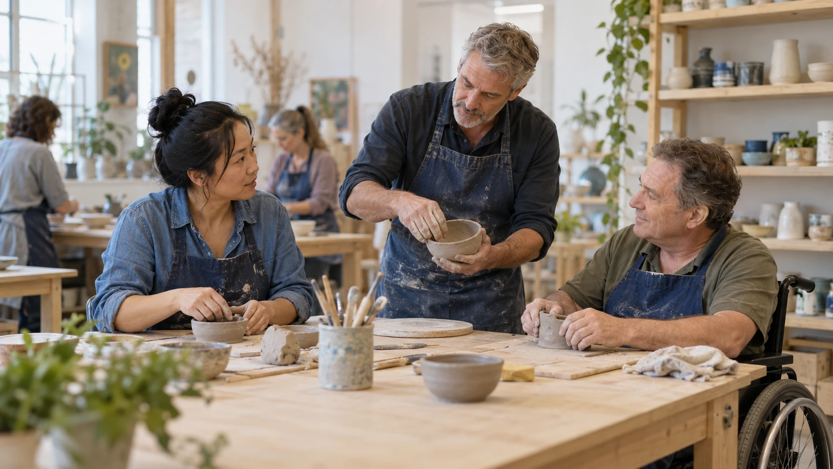 A tutor demonstrating pottery with two adults at a studio table