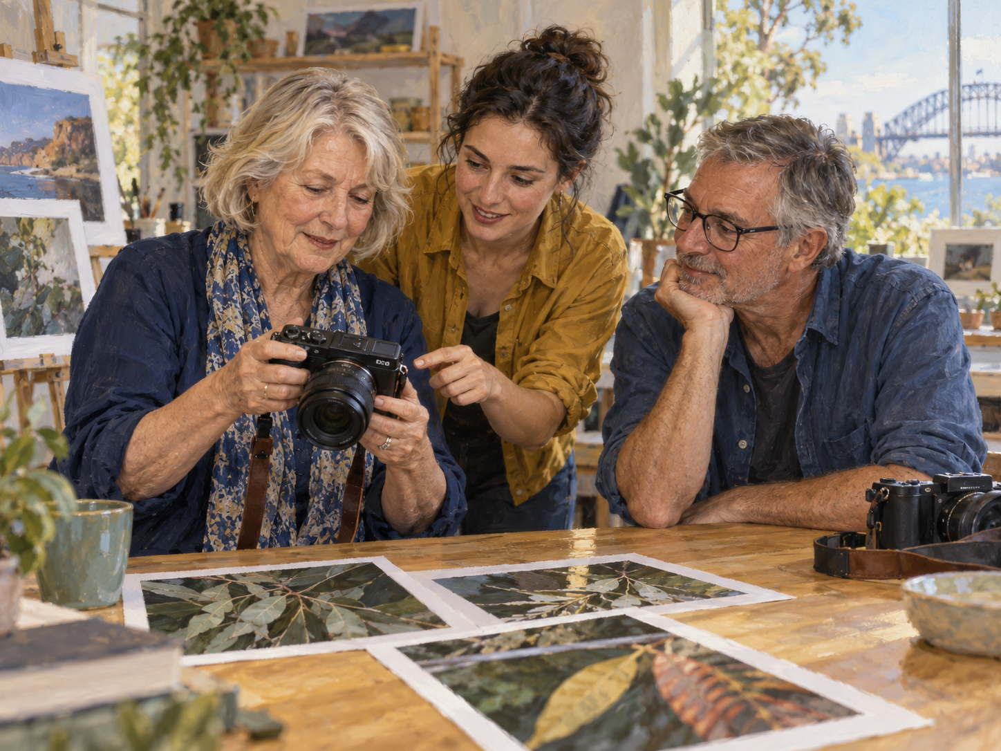 Painted illustration of adults exploring camera skills together around a studio table