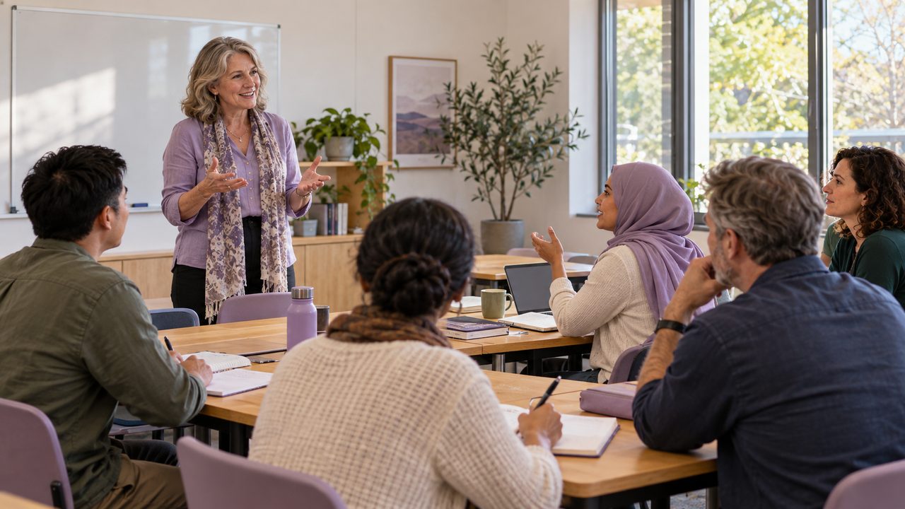 A tutor leading a discussion with a small group of adult learners around classroom tables