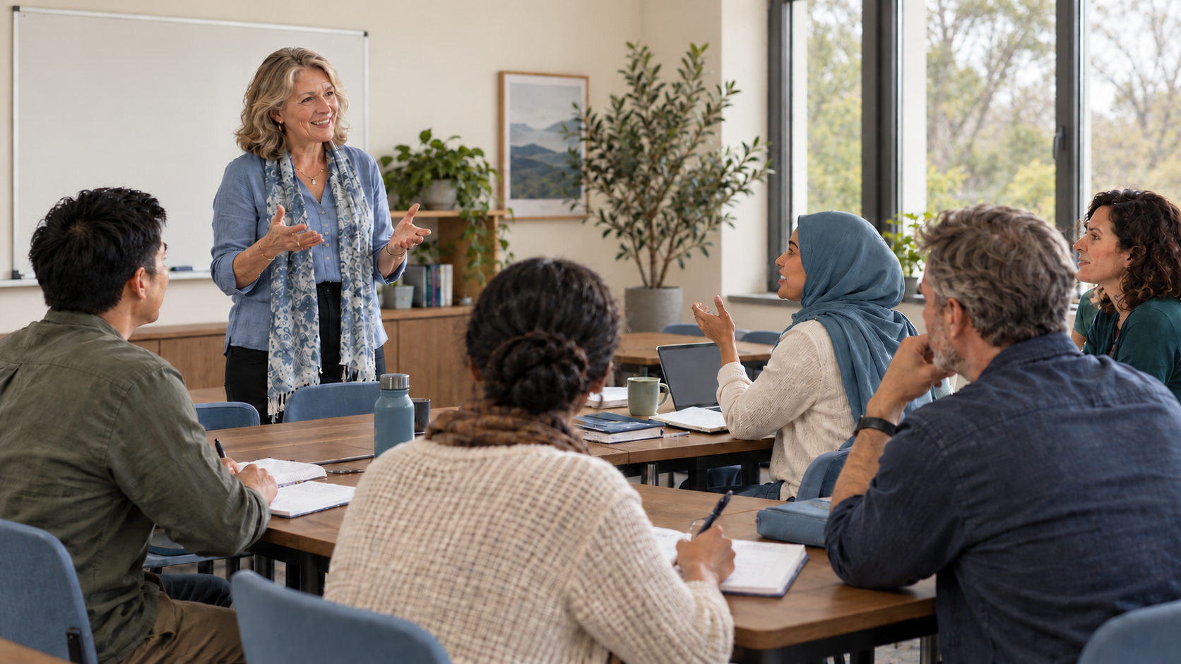 A tutor leading a discussion around classroom tables