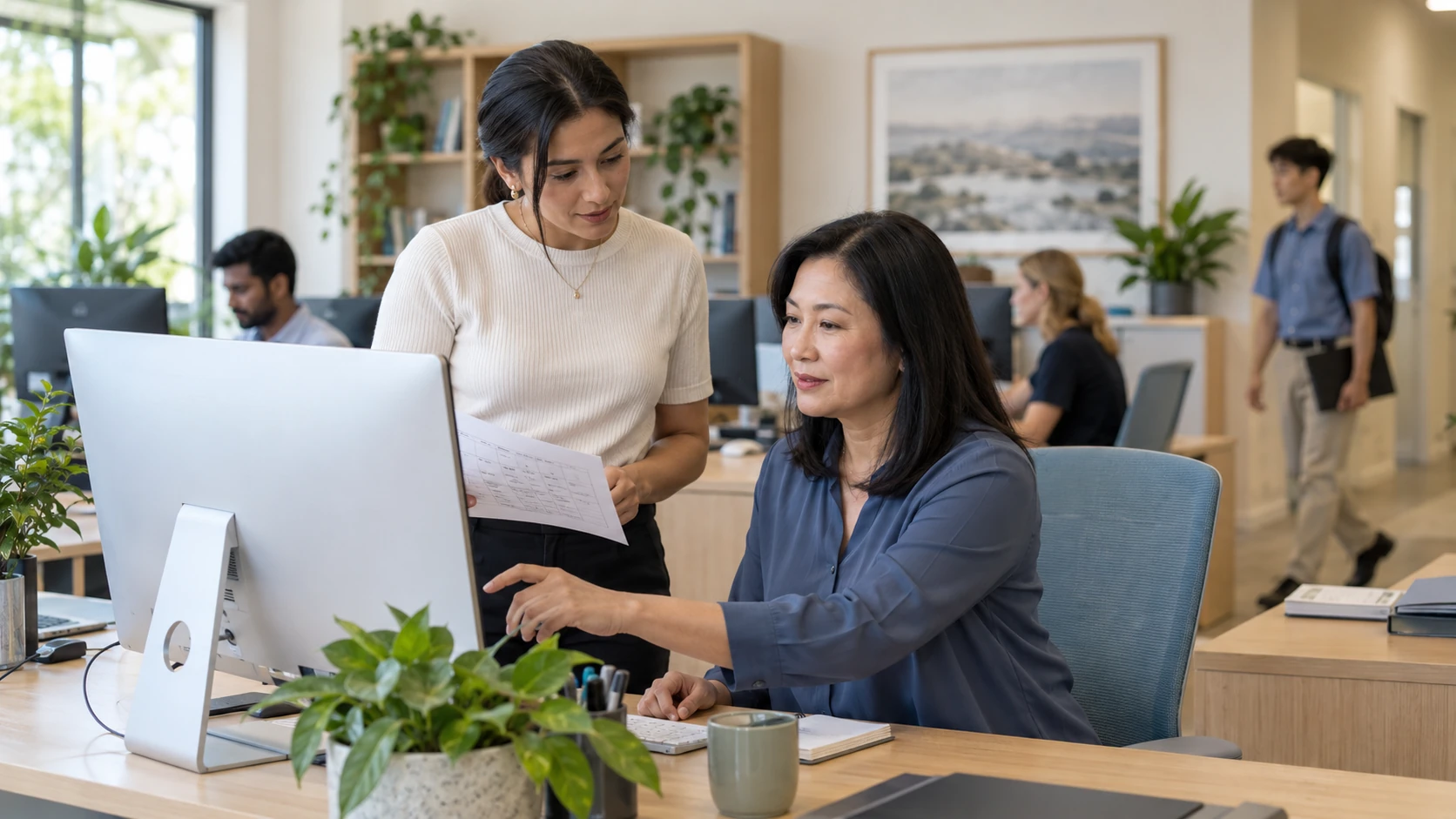 Two colleagues reviewing paperwork and working at a desktop computer