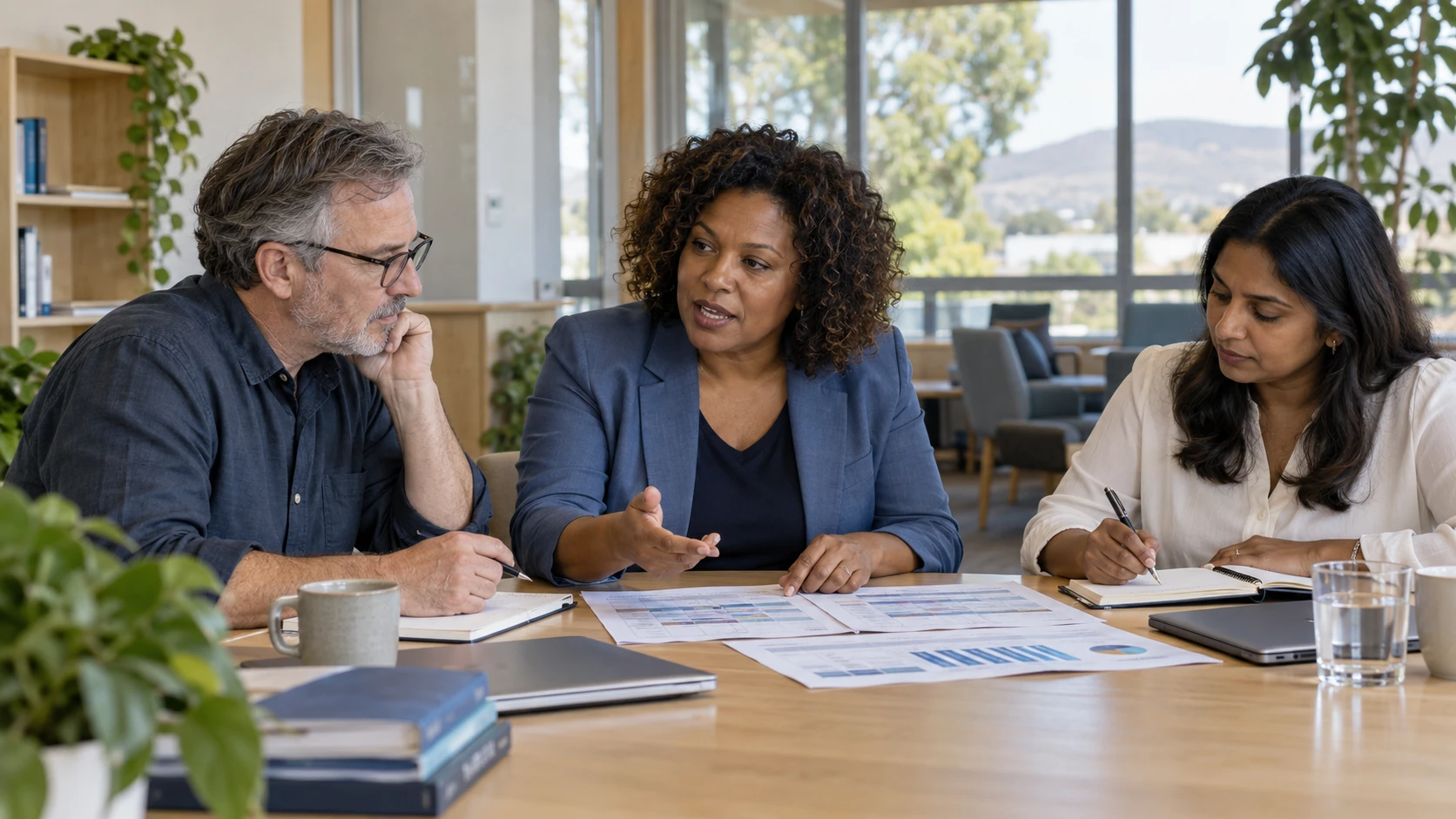 Three adults discussing program plans and notes around a table