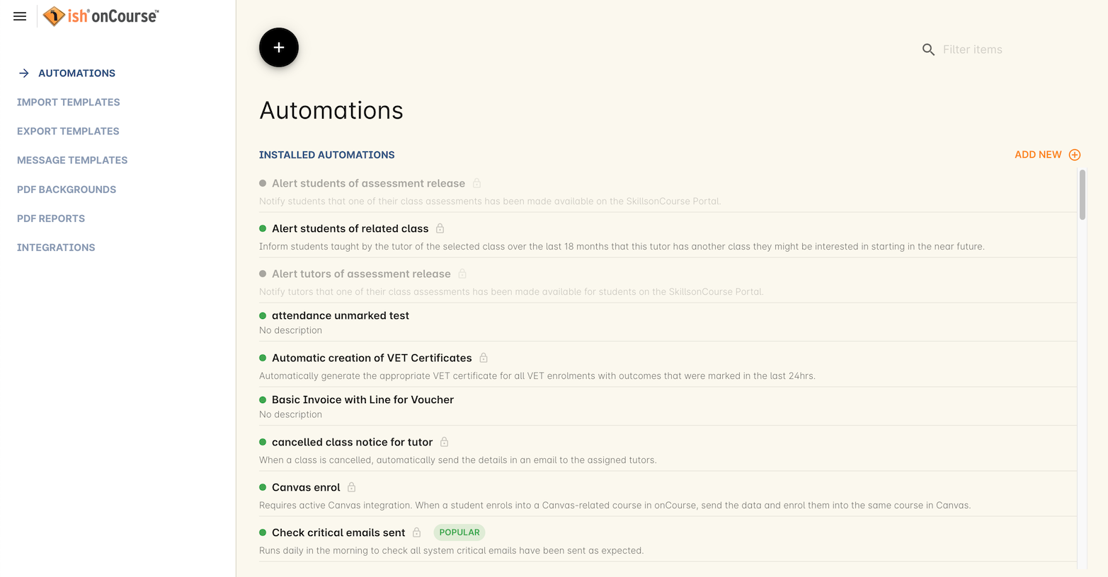 Official handbook automations view listing installed automations and their status