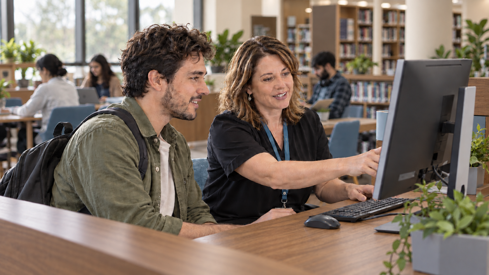 Two adults reviewing course information together at a desktop computer