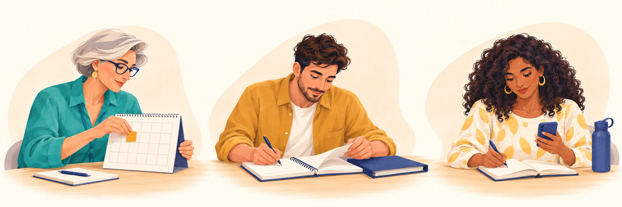 Illustrated course coordinator moving a date marker on a calendar