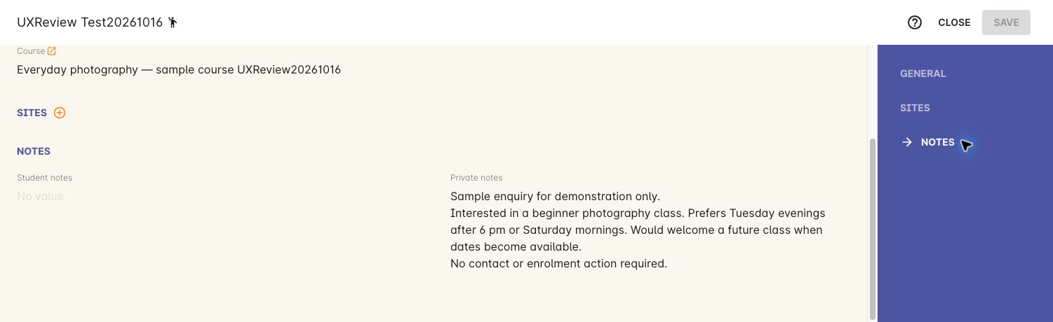 onCourse sample photography waiting-list record with notes preferring Tuesday evenings after 6 pm or Saturday mornings